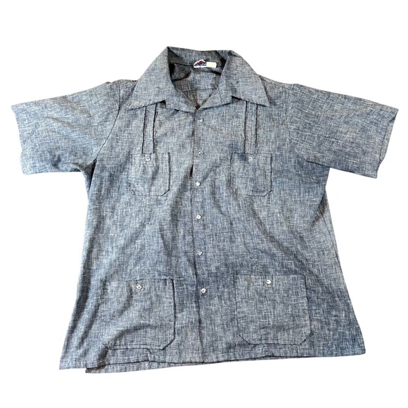 Fashion Seal Shane Other - Vintage Mens Guayabera Blue Chambray Short Sleeve Pearl Snap‎ Shirt Size L 70s